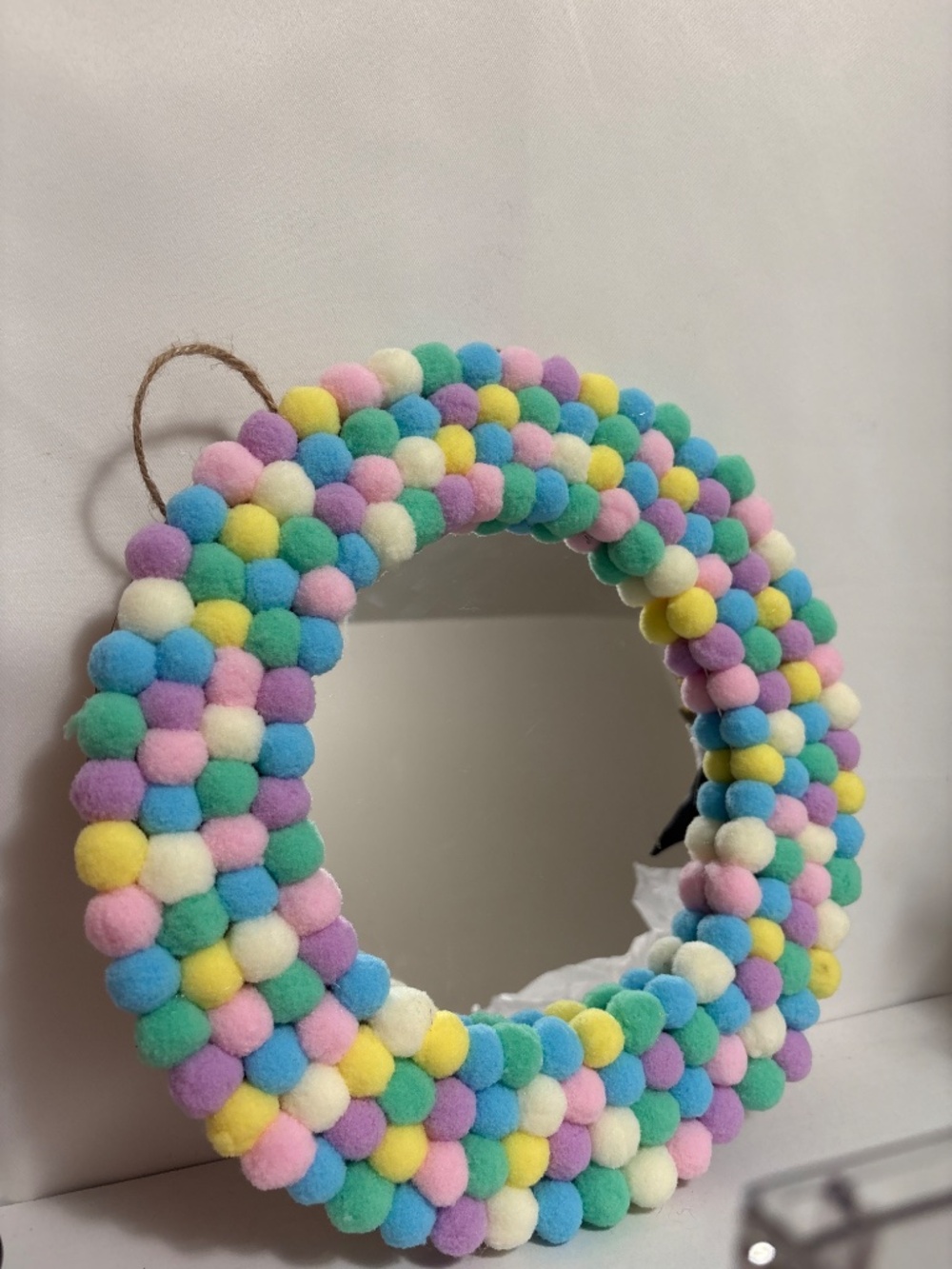 Medium Circular Hanging Pom pom mirror, pastel rainbow Pom Poms, playroom, nurse